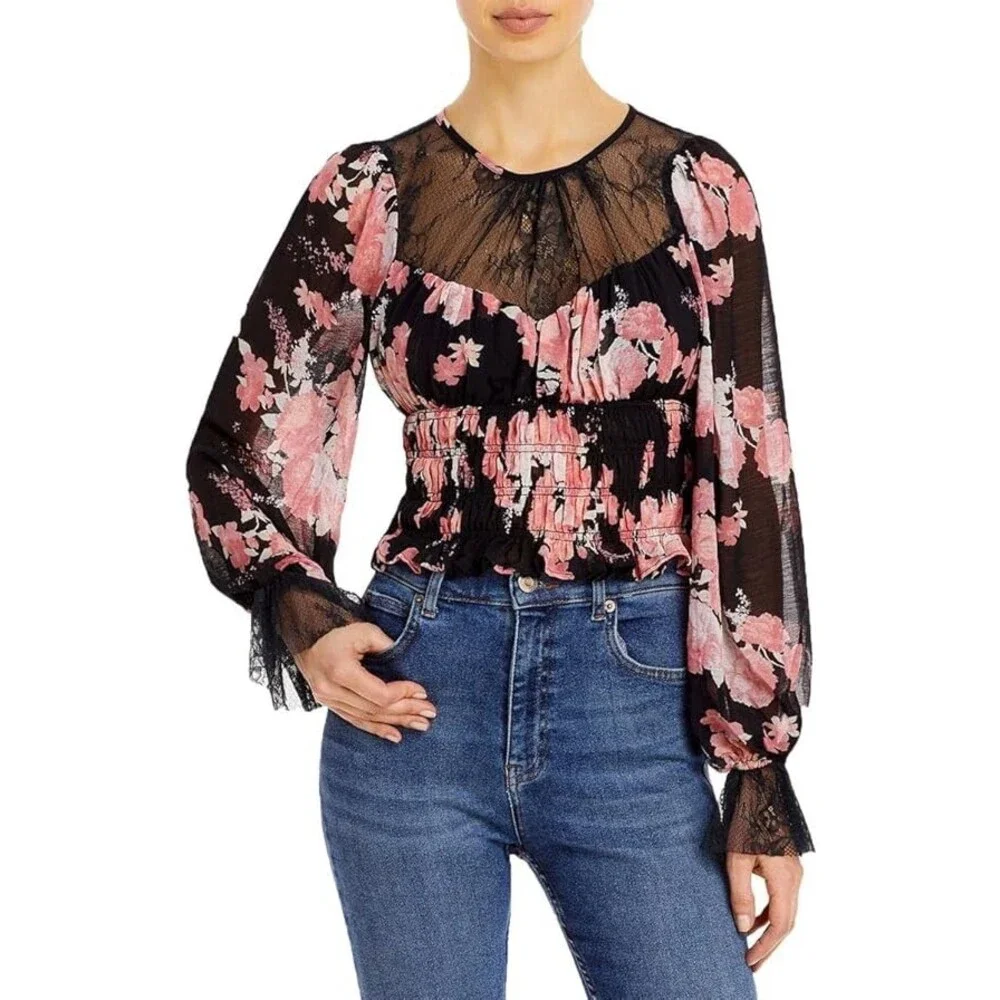 Free People Daphne Top Women's XS Black Floral Smocked Sheer Puff Sleeve JDM510